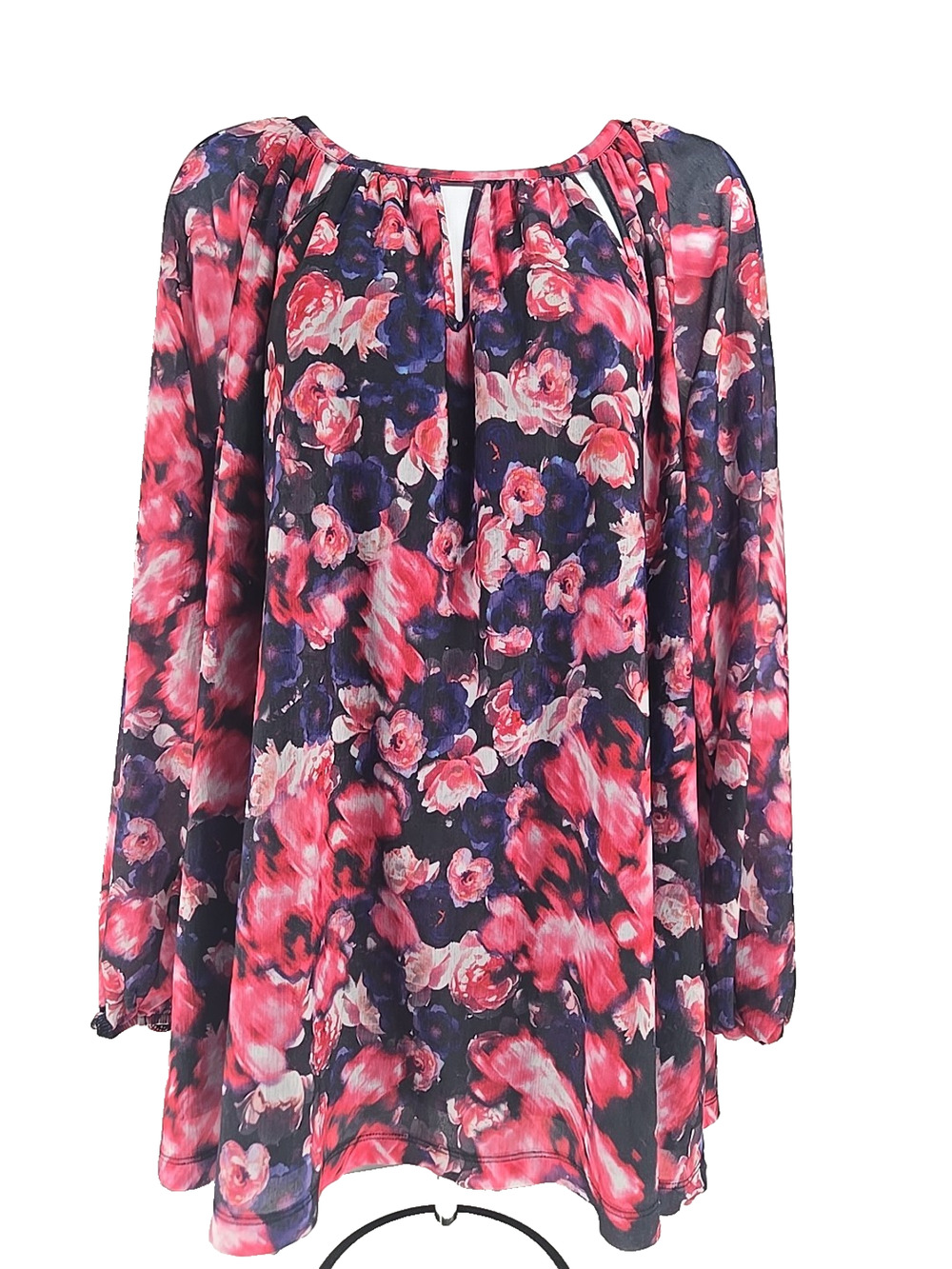 Jennifer Lopez Womens Blouse Long Sleeve Pink Purple Floral Lined Size 1X